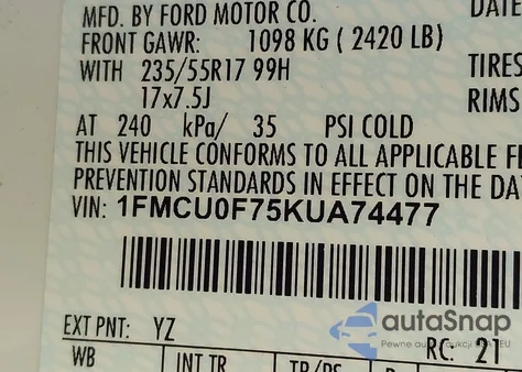 2019 Ford Escape S из США, поврежденный, VIN 1FMCU0F75KUA74477